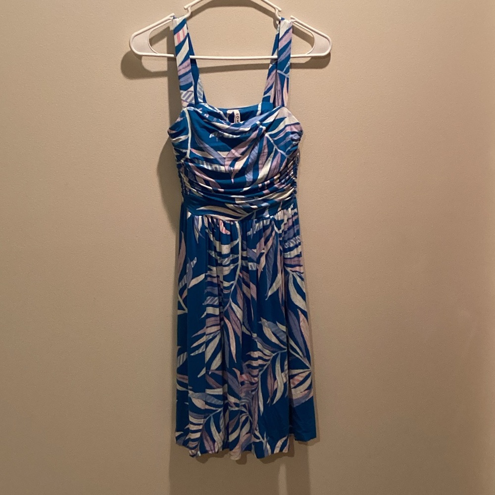 Soma Blue Leaf-Print Midi Dress with Ruched Bodice
